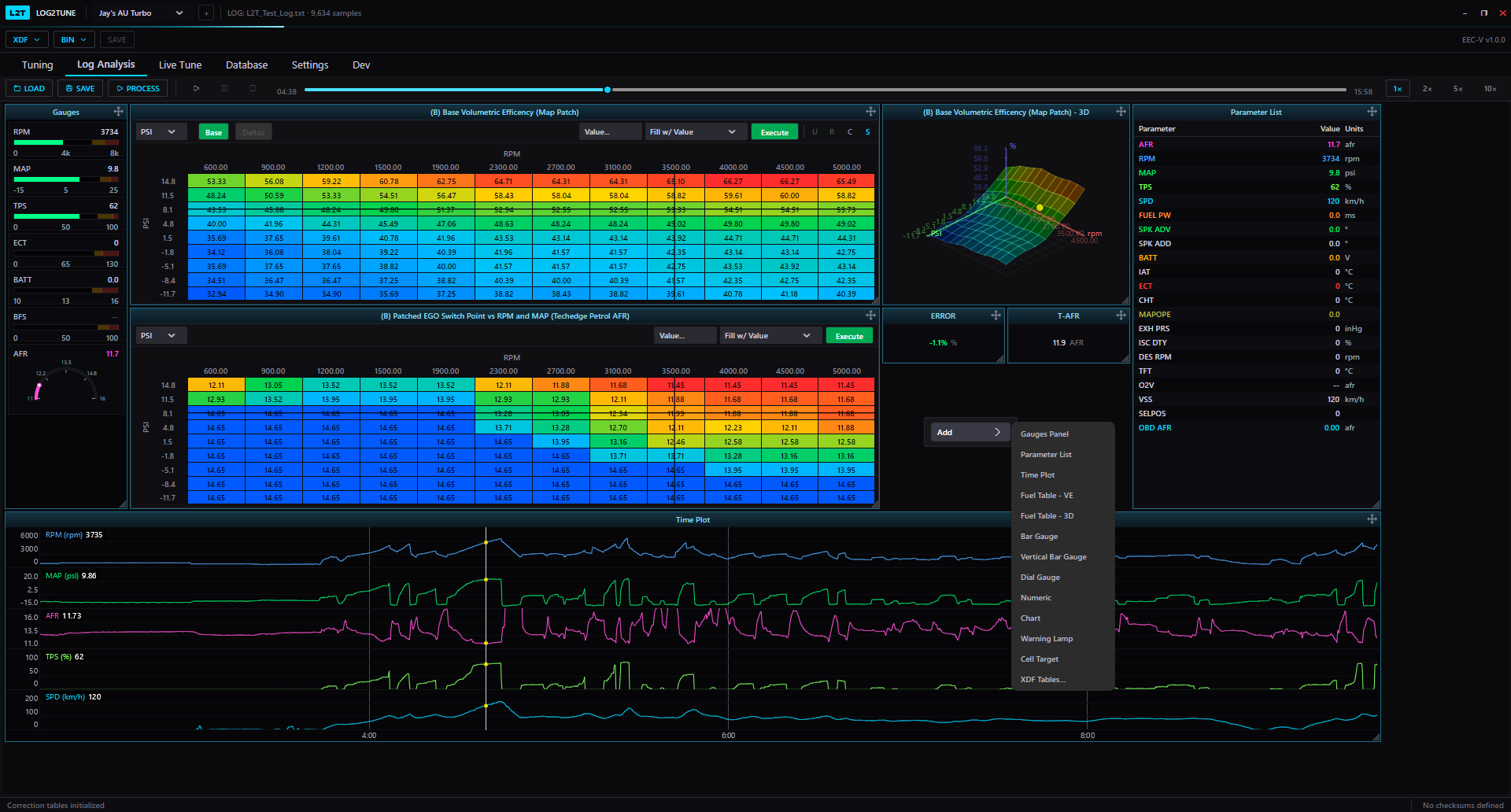 Log2Tune's Log Analysis tab replaying a drive