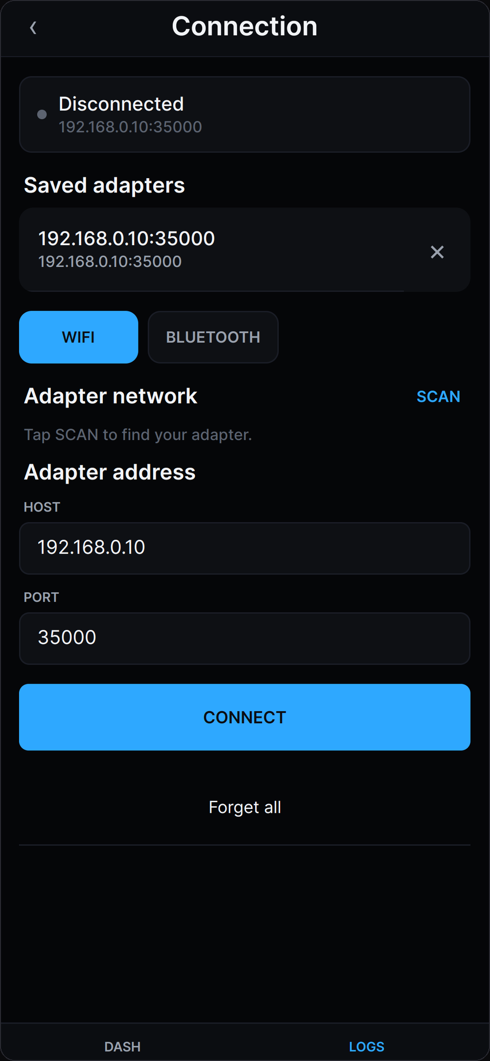 Adapter connection screen