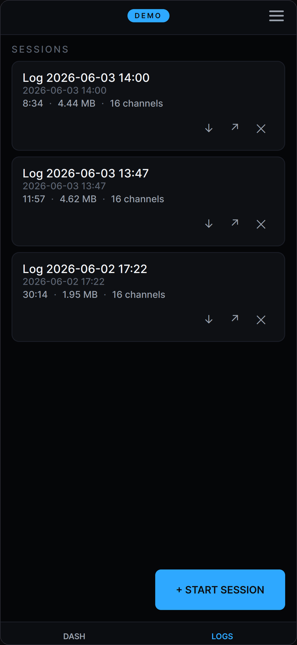 List of logged sessions